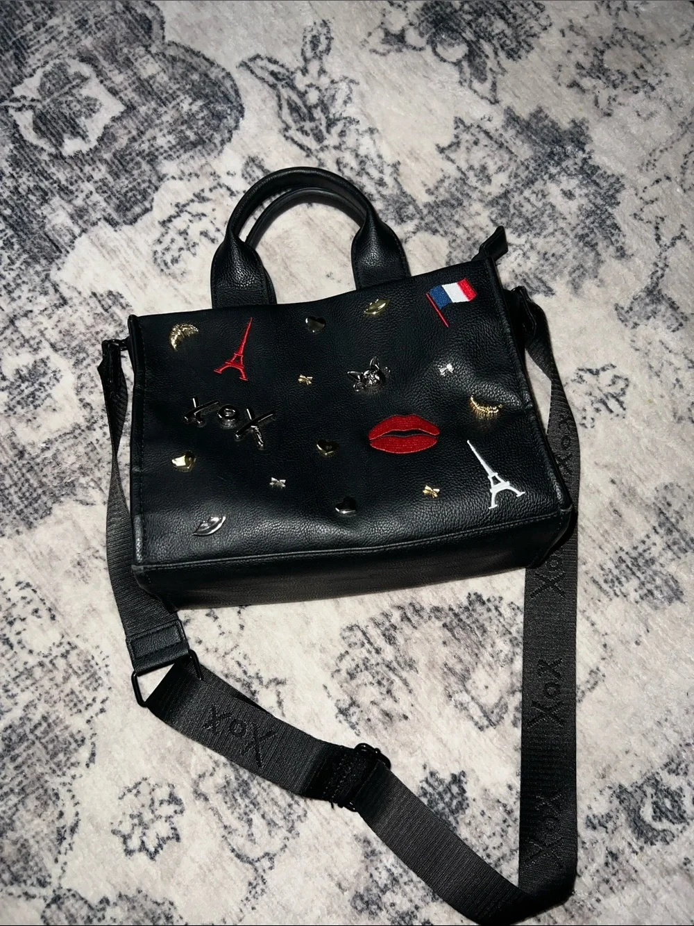Betsey Johnson Black Satchel with Red Lip and Gold Accents